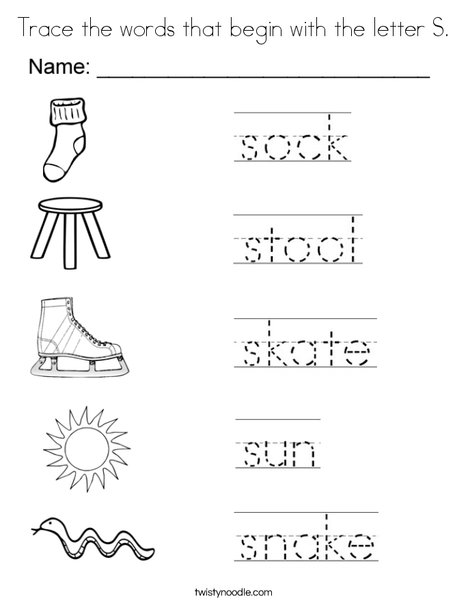 Trace the words that begin with the letter S Coloring Page - Twisty Noodle