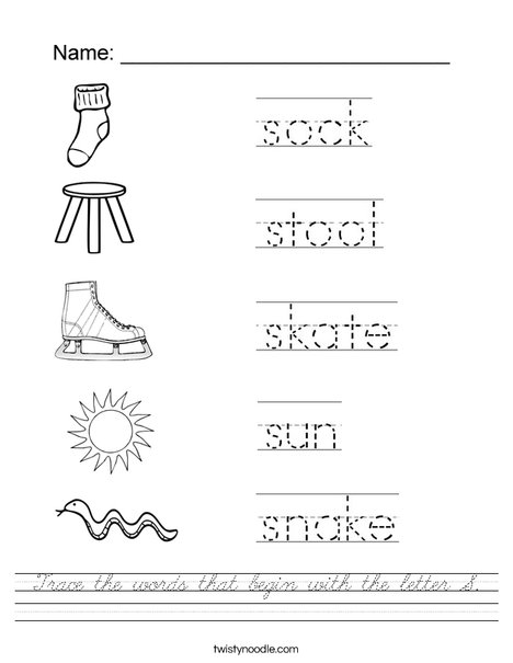 Trace the words that begin with the letter S. Worksheet