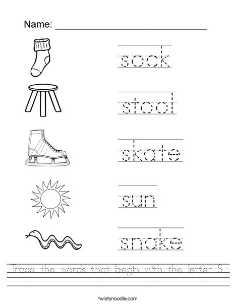 Trace the words that begin with the letter S. Worksheet