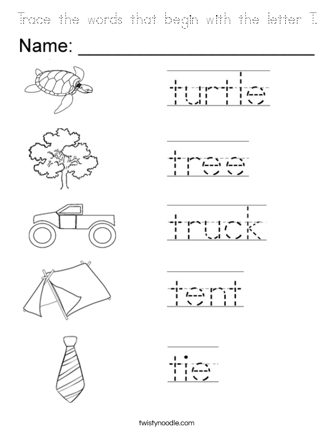 Trace the words that begin with the letter T. Coloring Page