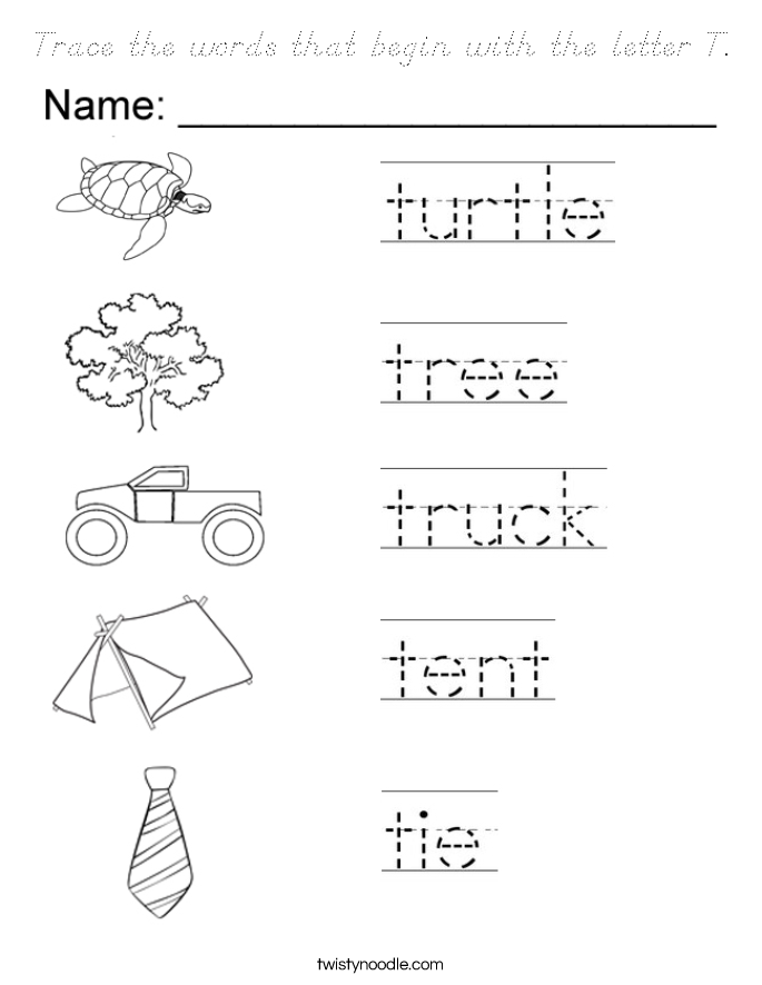 Trace the words that begin with the letter T. Coloring Page