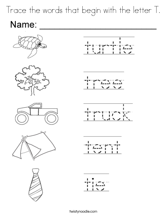 Trace the words that begin with the letter T. Coloring Page