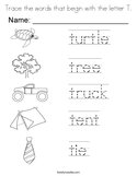Trace the words that begin with the letter T Coloring Page