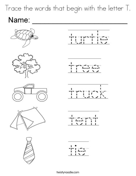 Trace the words that begin with the letter T Coloring Page - Twisty Noodle