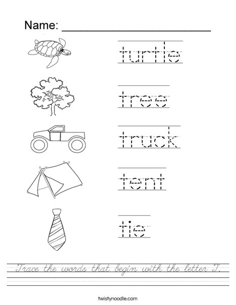 Trace the words that begin with the letter T. Worksheet