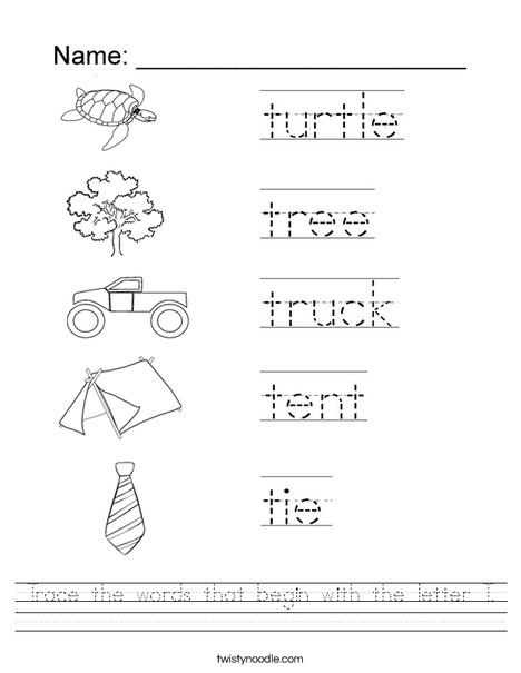 Trace the words that begin with the letter T. Worksheet