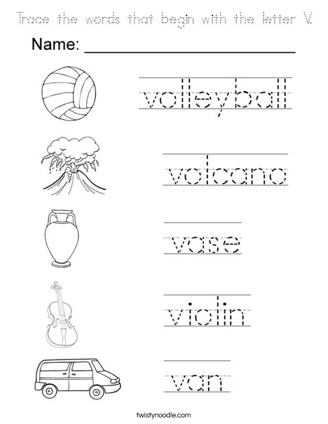 Trace the words that begin with the letter V. Coloring Page