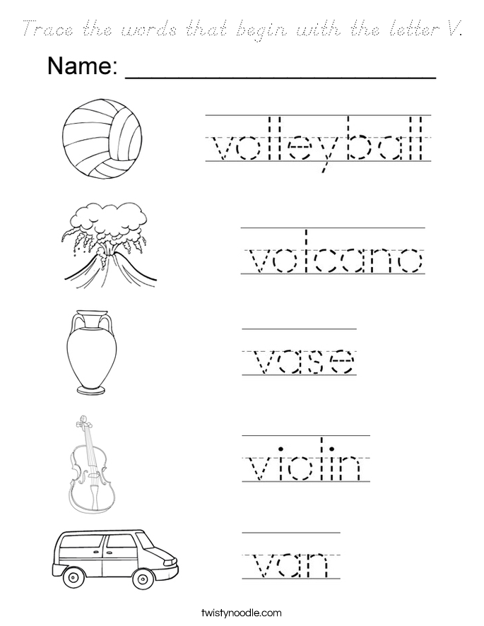 Trace the words that begin with the letter V. Coloring Page