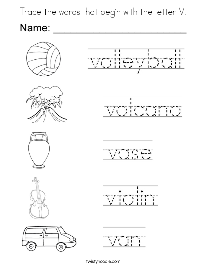 Trace the words that begin with the letter V. Coloring Page