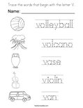 Trace the words that begin with the letter V. Coloring Page