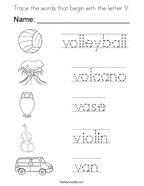 Trace the words that begin with the letter V Coloring Page