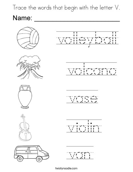 Trace the words that begin with the letter V. Coloring Page