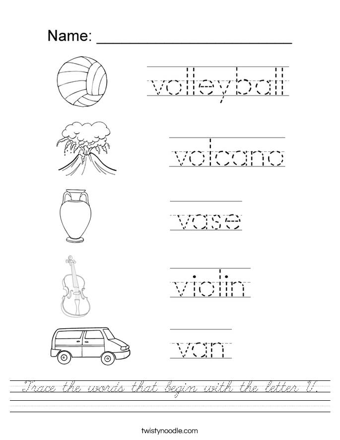 Trace the words that begin with the letter V. Worksheet