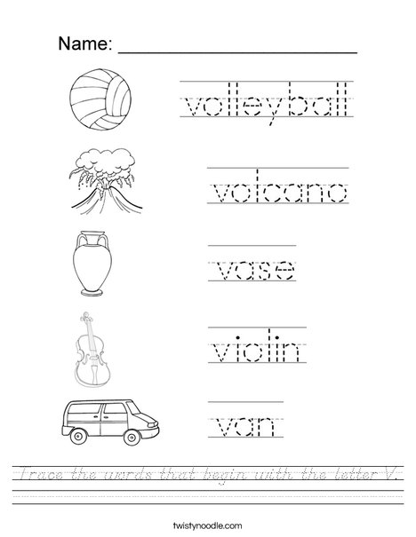 Trace the words that begin with the letter V. Worksheet
