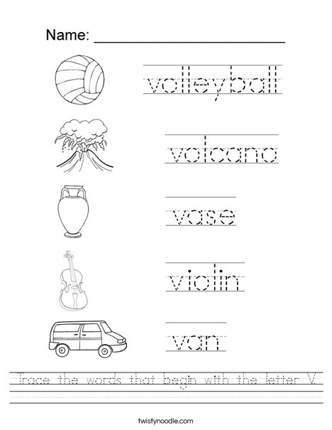 Trace the words that begin with the letter V. Worksheet