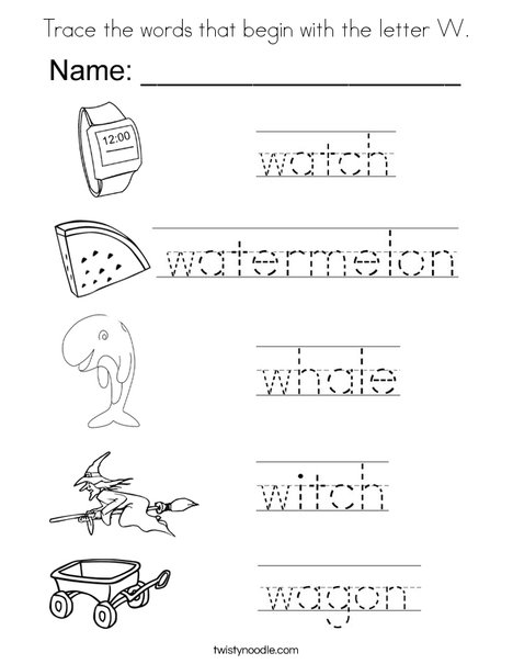 Trace the words that begin with the letter W. Coloring Page