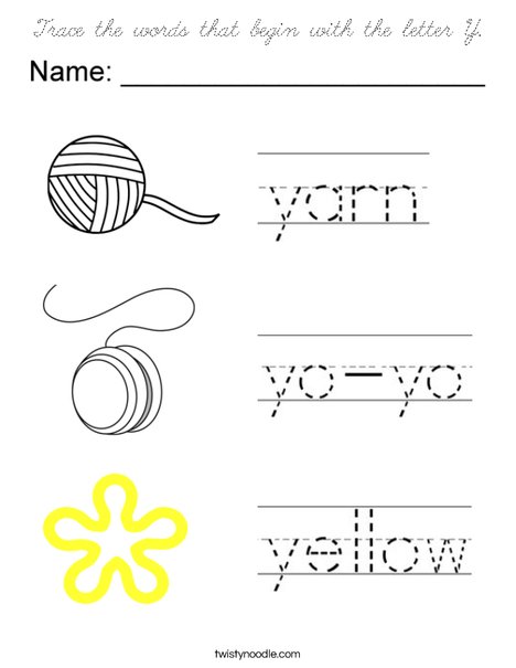 Trace the words that begin with the letter Y. Coloring Page