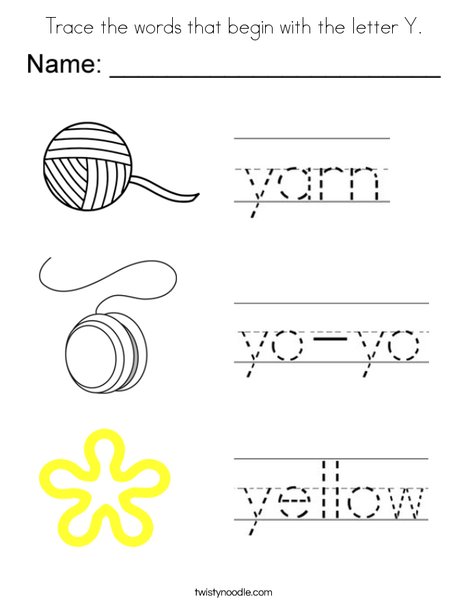 Trace the words that begin with the letter Y. Coloring Page