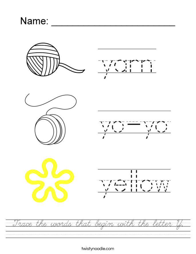 Trace the words that begin with the letter Y. Worksheet