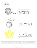 Trace the words that begin with the letter Y Handwriting Sheet