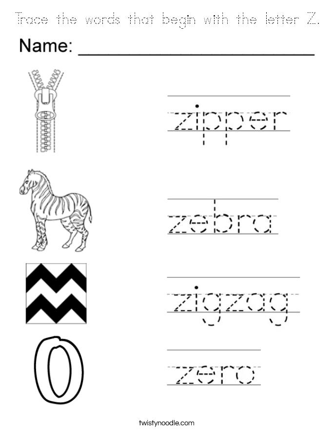 Trace the words that begin with the letter Z. Coloring Page