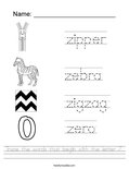 Trace the words that begin with the letter Z. Worksheet