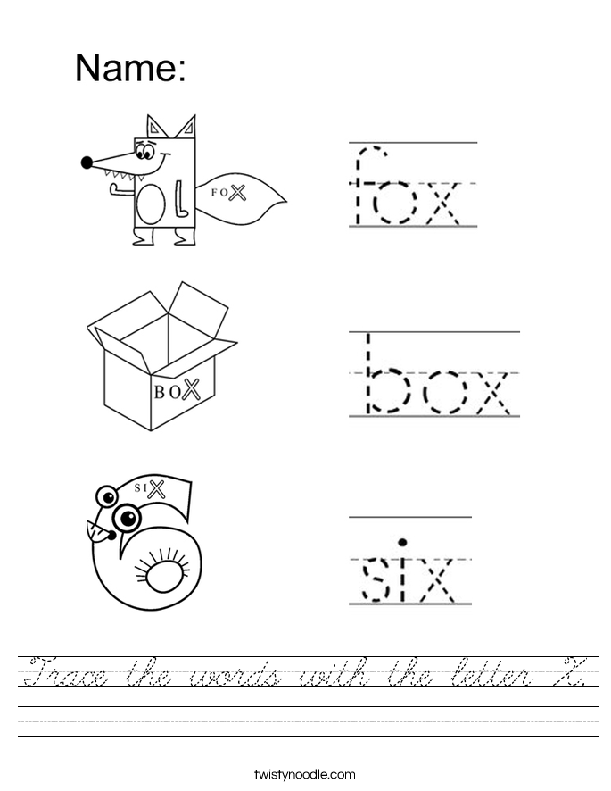 trace the words with the letter x worksheet cursive twisty noodle