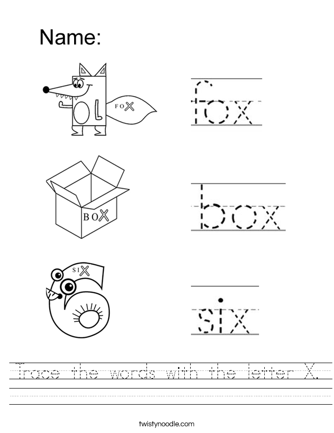 d font handwriting words with Trace  X Worksheet  the Twisty letter Noodle the