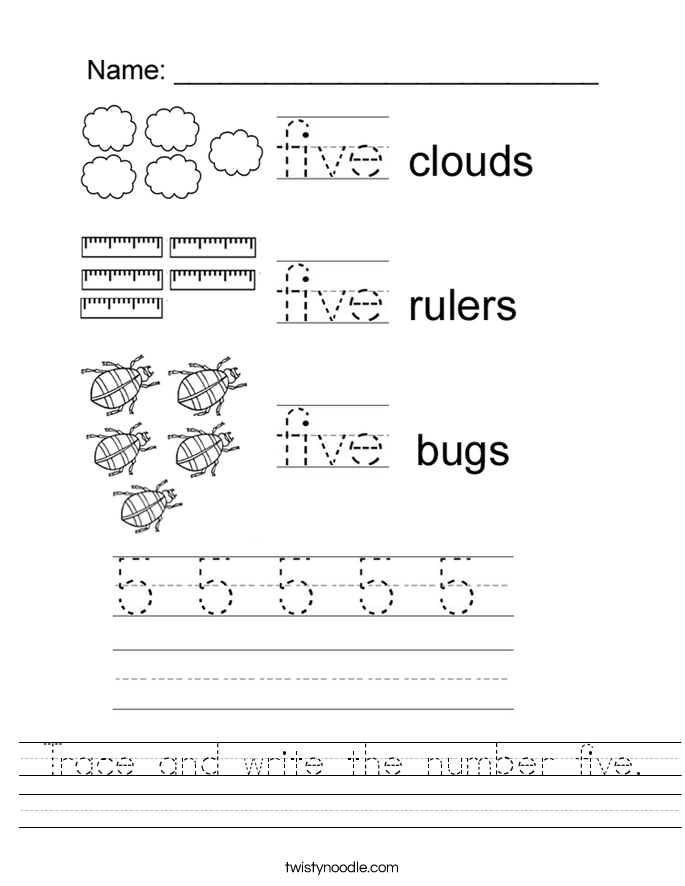 Trace and write the number five. Worksheet
