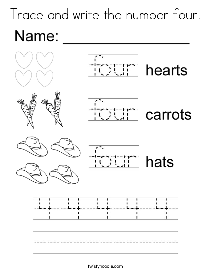 Download Trace and write the number four Coloring Page - Twisty Noodle