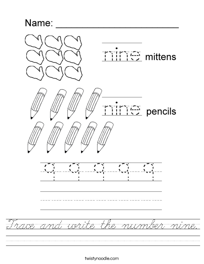 Trace and write the number nine. Worksheet