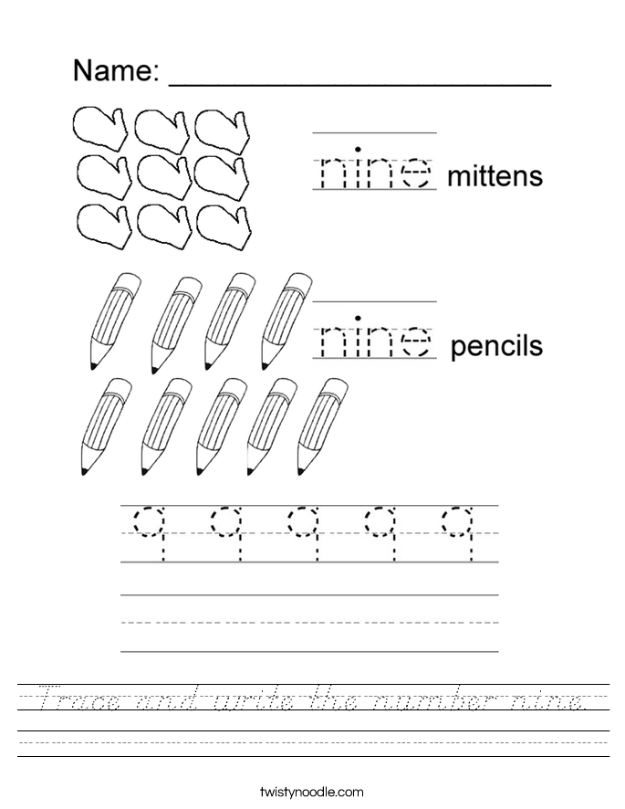 Trace and write the number nine. Worksheet