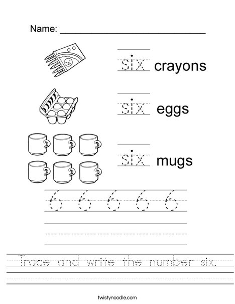 trace and write the number six worksheet  twisty noodle