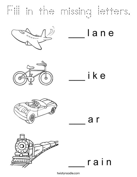 Transportation Missing Letters Coloring Page
