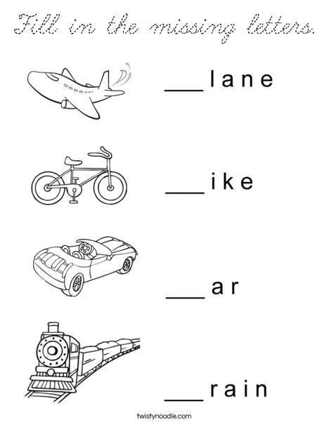 Transportation Missing Letters Coloring Page