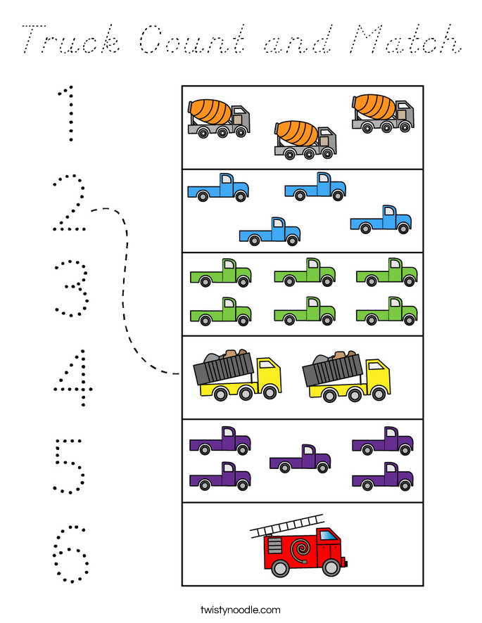 Truck Count and Match Coloring Page