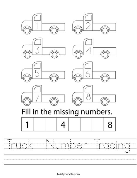 Truck  Number Tracing Worksheet