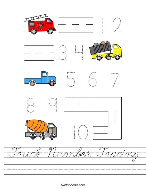 Truck Number Tracing Worksheet