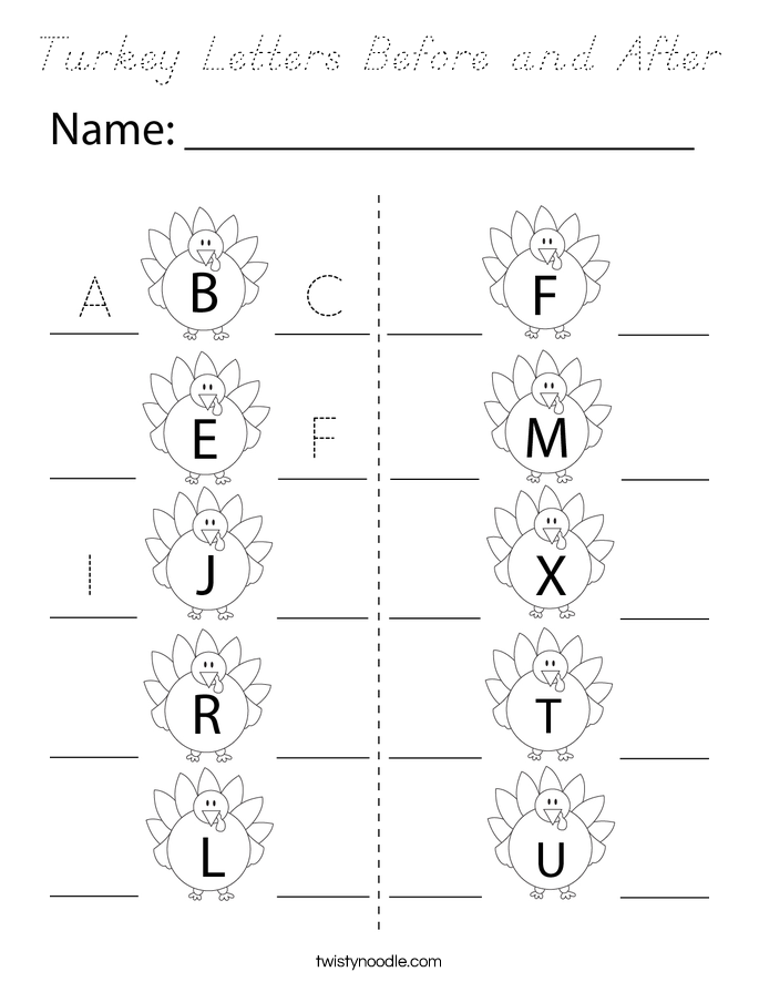 Turkey Letters Before and After Coloring Page