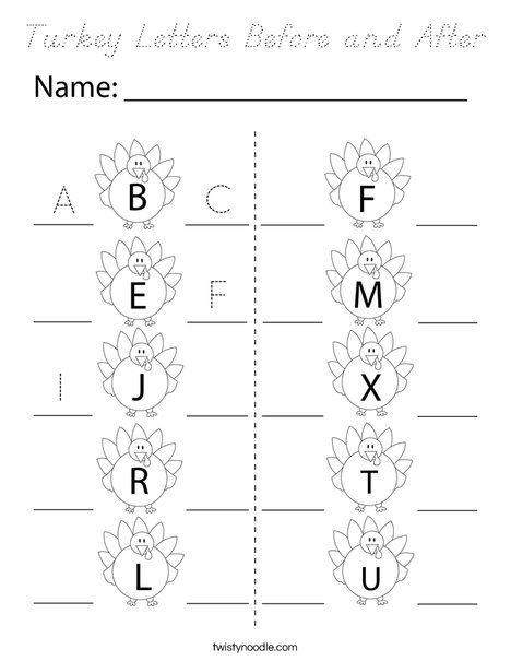 Turkey Letters Before and After Coloring Page