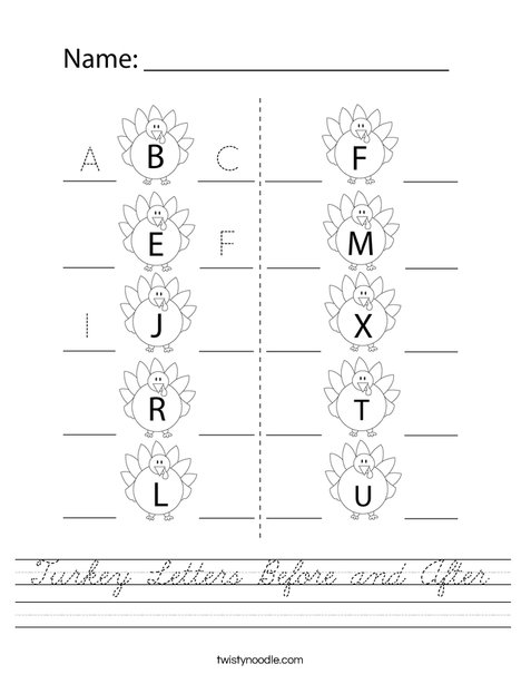 Turkey Letters Before and After Worksheet