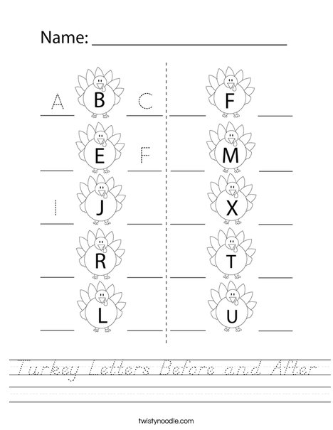 Turkey Letters Before and After Worksheet