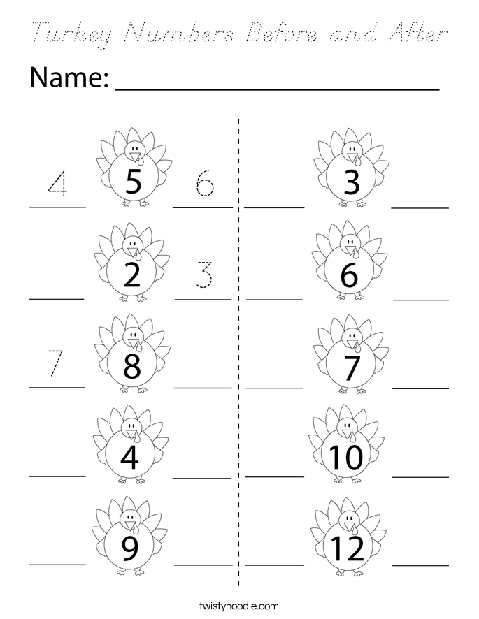Turkey Numbers Before and After Coloring Page