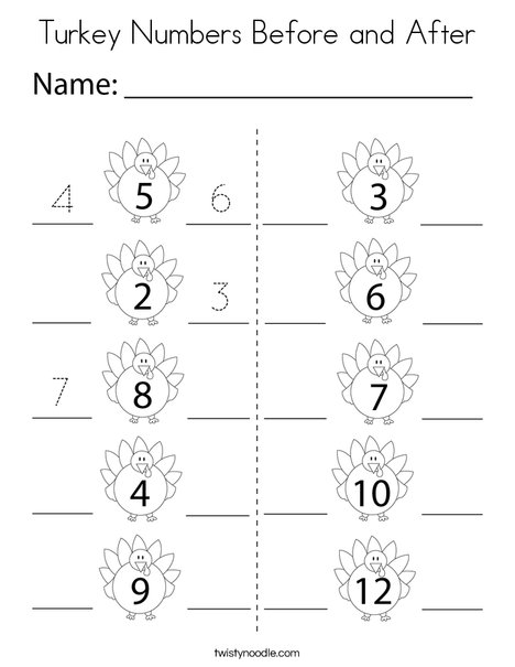Turkey Numbers Before and After Coloring Page