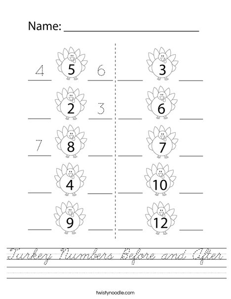 Turkey Numbers Before and After Worksheet