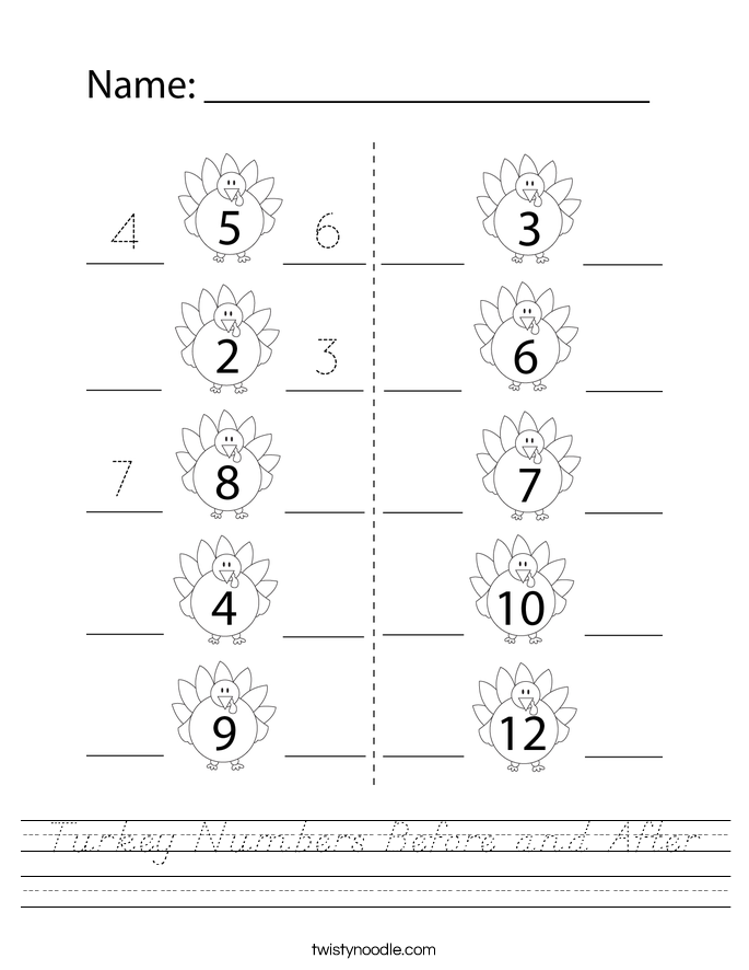 Turkey Numbers Before and After Worksheet