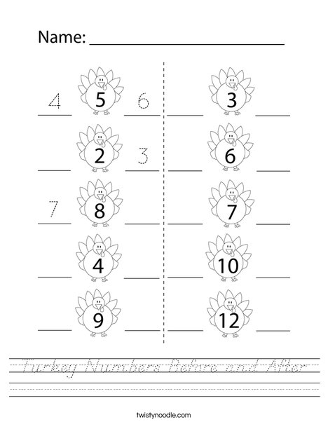 Turkey Numbers Before and After Worksheet