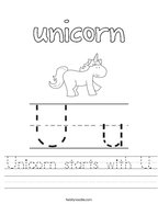 Unicorn starts with U Handwriting Sheet
