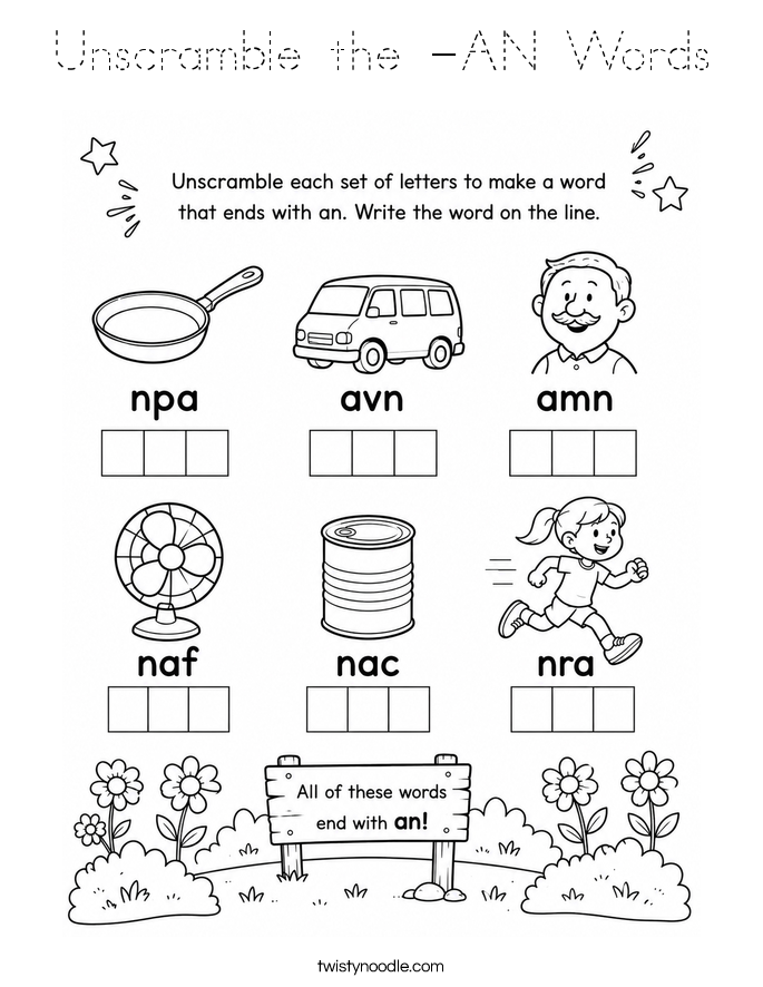 Unscramble the -AN Words Coloring Page