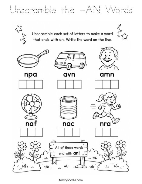Unscramble the -AN Words Coloring Page